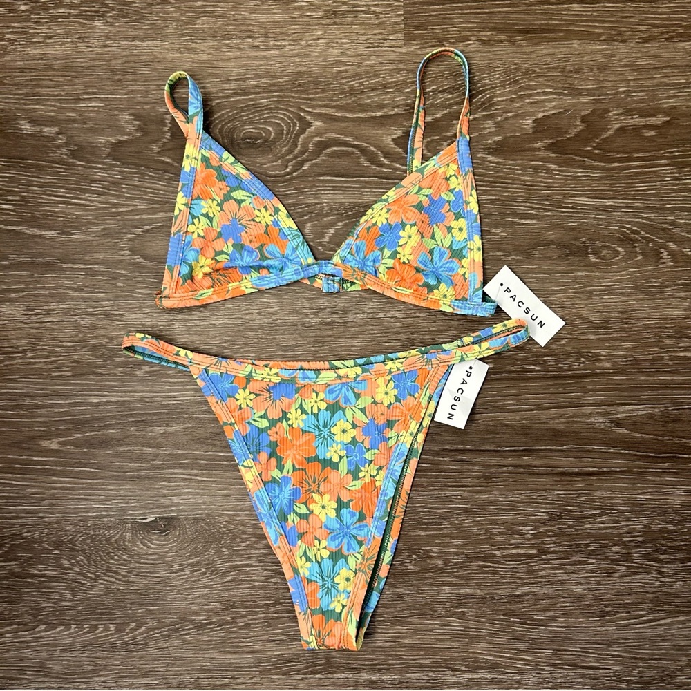 NWT PacSun Swim Floral Chloe Ribbed High Cut Bikini Set, Top Sz M & Bottom Sz L
